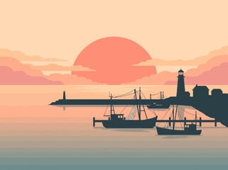 Obraz premium Sunset Scene of Boats Docked Near a Lighthouse on a Calm Sea