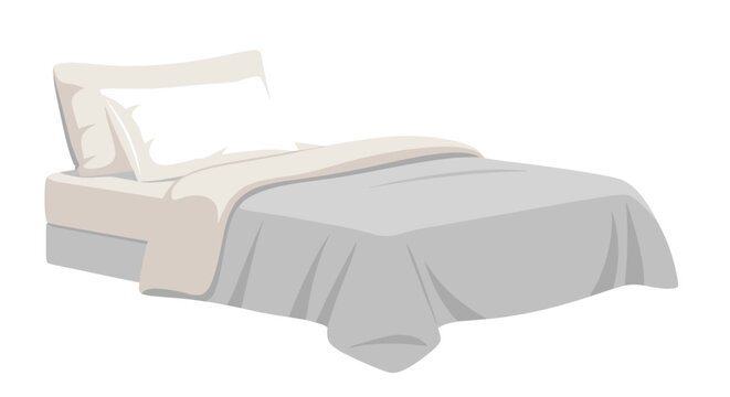 An isometric perspective illustration of a single bed featuring a soft beige pillow and a neutral grey comforter set against a plain white background for design.