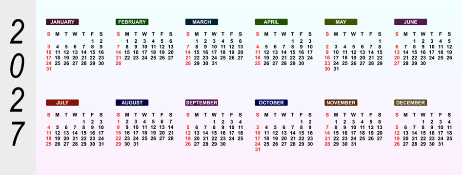 Annual 2027 calendar on pink gradient background, Yearly planner with soft color transition, Full year schedule layout