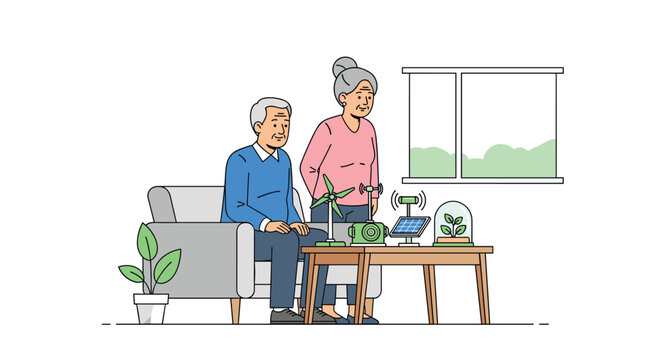 An elderly couple sitting on a grey sofa examines a miniature tabletop model featuring wind turbines and solar panels in a bright minimalist home setting.