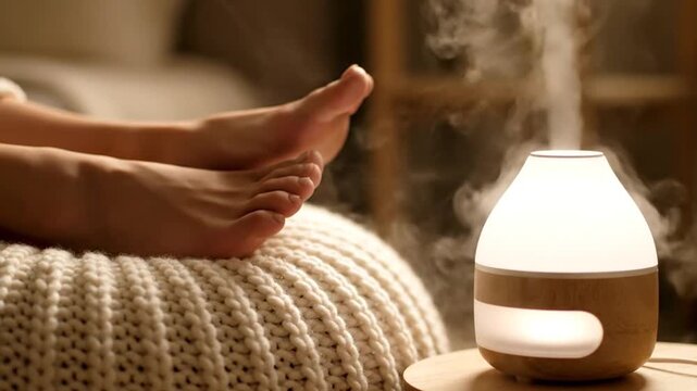 Relaxing Scene With Bare Feet by Essential Oil Diffuser on Cozy Knitted Pouf Creating a Serene Home Atmosphere