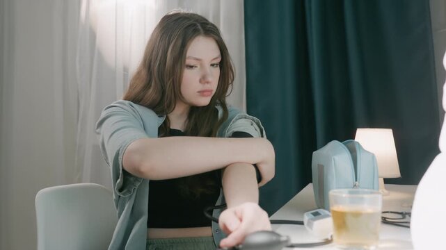 Caucasian woman measuring blood pressure at home bedside table with digital monitor, cuff and tea focused introspective expression performing routine self check, tracking readings for wellness