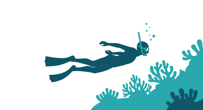 Silhouette of a Diver Exploring Coral Reef Underwater