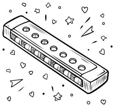 Illustration of a cartoon harmonica with a celebratory design and scattered hearts and stars.