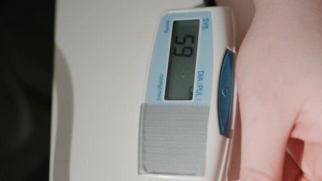 Fingertip pulse oximeter on white hand. Steady clinic lighting reveals digital readings shifting across frames while homecare nurse monitors oxygen saturation and pulse soft fabric strap secures
