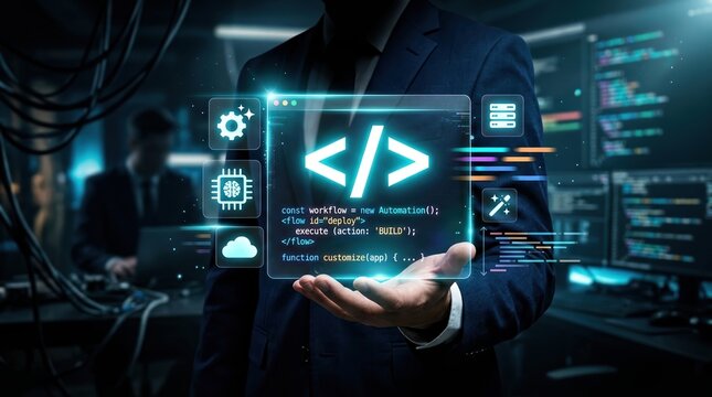 Software Engineer using workflow automation code on holographic interface in tech lab. Writing JavaScript for deployment workflow with 'BUILD' action, and Digital transformation concept.