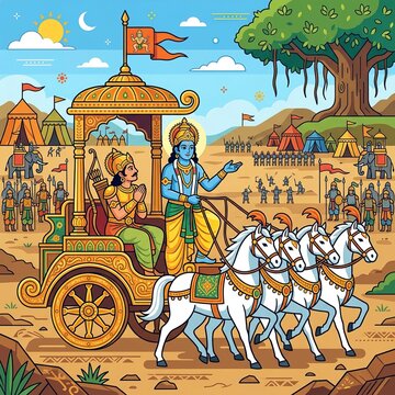 Divine Krishna Delivering Gita Wisdom to Arjuna in Chariot
