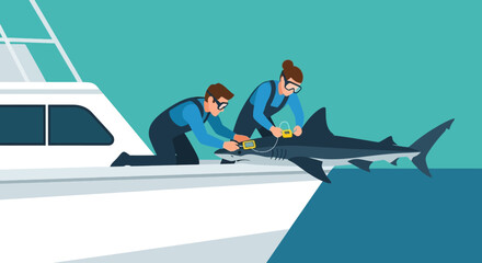 Fototapeta premium Marine Researchers Inspect Shark on the Deck of a Yacht