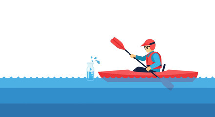Naklejka premium Person in kayak with water bottle and paddling gear on tranquil water