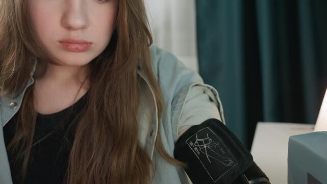 Young caucasian woman checking digital monitor with focused face and visible cuff on upper arm, closeup portrait captures introspective expression, reaching toward device display and pressing button,