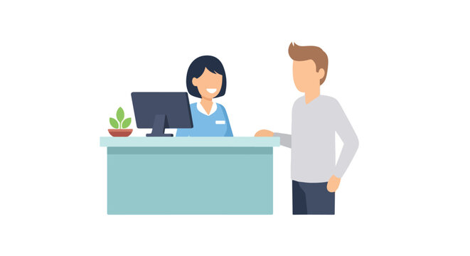 A man talks to a female receptionist at a light blue front desk equipped with a computer and a small plant in a professional setting.