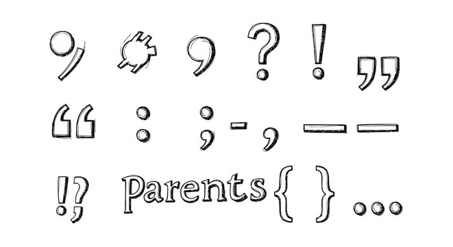 Hand-drawn punctuation marks and symbols on white background, creative writing concept