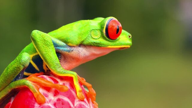 Close up profile of a red-eyed tree frog on a leaf in the rainforest
