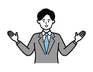 Obraz premium 両手を広げ案内するビジネスマンのイラスト