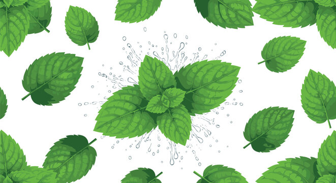 Fresh Green Mint Leaves Pattern with Water Splash Vector Illustration for Nature, Herbal, and Healthy Food Designs