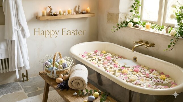 Elegant floral bath setting with easter decor and relaxing spa ambiance. Horizontal banner. Copy space. Free space for text. Happy Easter