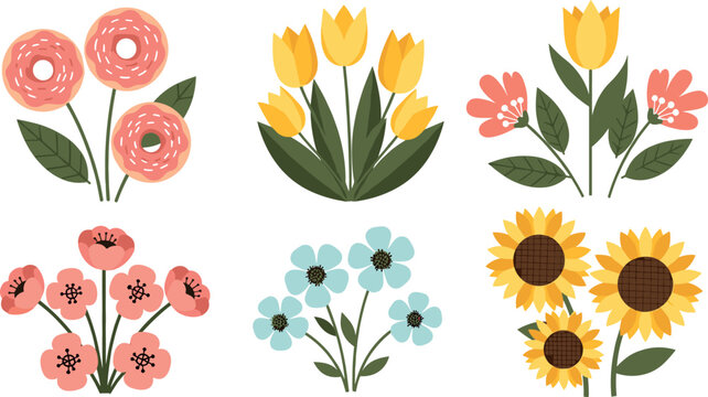 Flat Floral Bouquet Set with Sunflower Tulip Poppy Ranunculus and Blue Daisy Vector Illustration for Spring Garden Designs