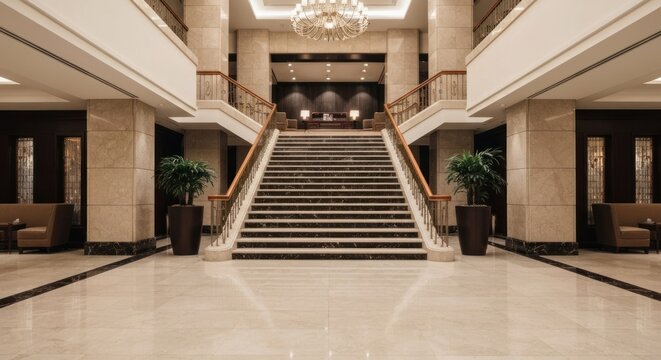 Grand foyer with a central staircase, plants, and seating