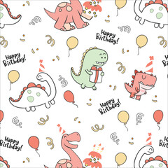 Dino party with seamless pattern and greeting card, birthday invitation with cute dinosaurs celebrating © amna