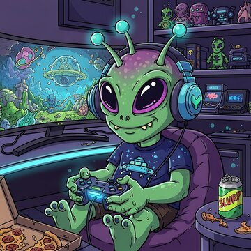 Alien gamer immersed in a vibrant virtual world with retro gaming vibes