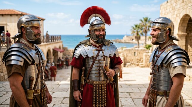 Roman centurion Cornelius talking with soldier in Caesarea. Ancient military officer in armor holding scroll. Biblical scene from Acts of the Apostles, historical cinematic reenactment.