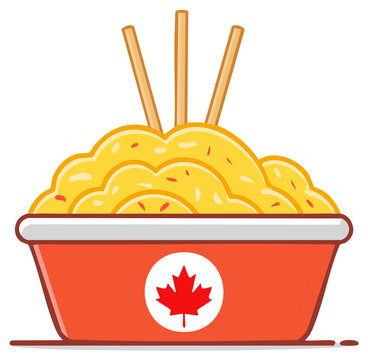Cartoon poutine illustration with French fries, cheese curds, gravy, and a Canadian maple leaf sticker on the red container