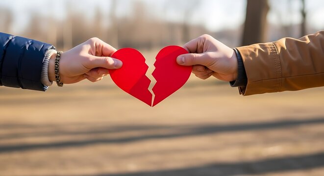 Two Hands Pulling Apart a Torn Red Paper Heart for Breakup