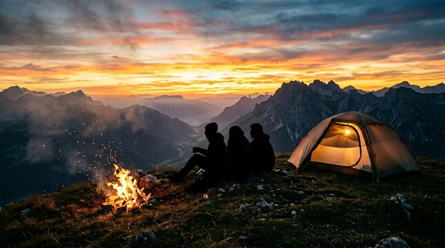 Three silhouetted friends sit on a grassy ridge by a glowing camping tent and a crackling campfire, watching a spectacular golden sunset.