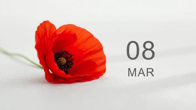 Red poppy flower with digital text 08 March. Celebration of International Women Day background. Minimalist floral concept for spring holiday greeting card design.