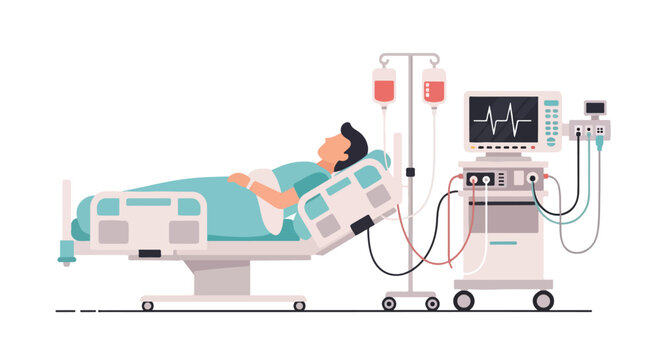 This flat vector illustration depicts a male patient lying in a hospital bed connected to a life support monitor and an intravenous drip system.