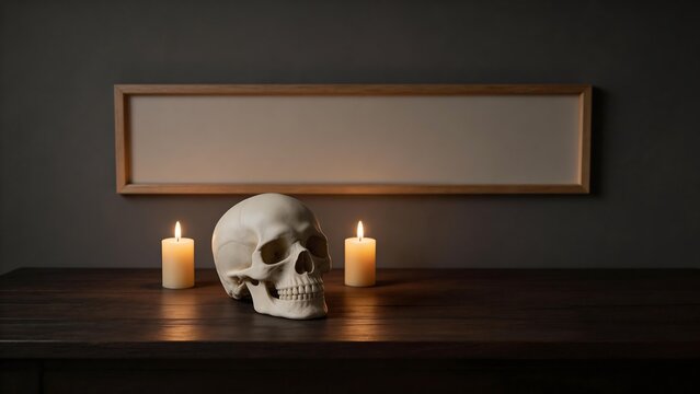 Skull with candles on wooden table
