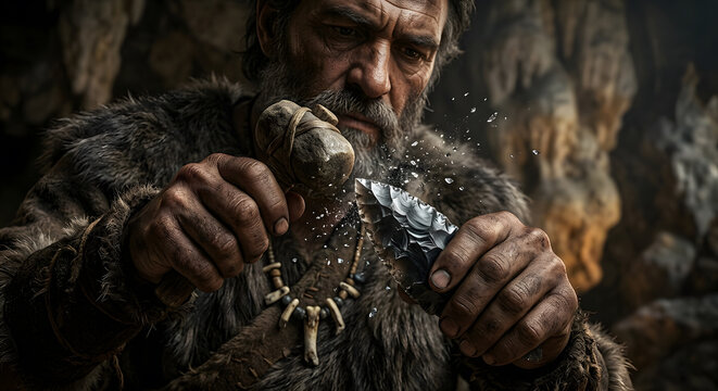 Prehistoric craftsman knapping a stone arrowhead