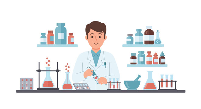 A smiling pharmacist in a white lab coat works in a laboratory filled with colorful glass flasks, test tubes, and medicine bottles on shelves.
