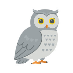 Obraz premium Gray owl illustration with large yellow eyes and detailed feathers, shown perched on isolated background in flat vector style, ideal for wildlife and educational designs