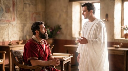 Obraz premium Centurion Cornelius watching angel in white robe appearing in vision. Biblical scene from Acts of the Apostles showing divine encounter and spiritual revelation. Ancient holy miracle.