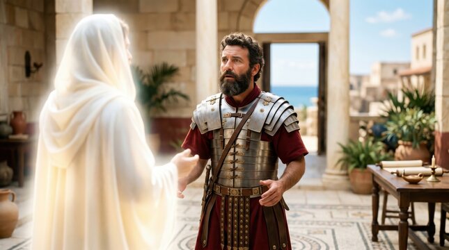 Centurion Cornelius encounters an angel in a vision. Biblical scene from Acts of the Apostles showing a glowing divine messenger revealing God message to a Roman soldier in Caesarea.