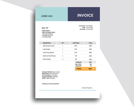 Modern minimal invoice template clean professional business billing document editable layout for corporate branding use