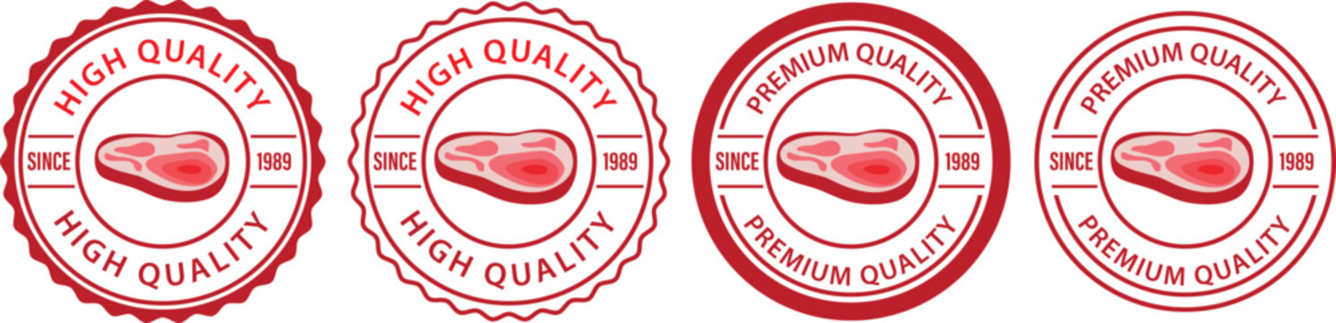 High quality beef icon set. High quality red beef circle logo, badge, sticker, symbol, emblem, stamp, line, vector, isolated illustration. Fresh beef label for product packaging design.