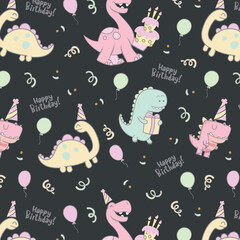 Dino party with seamless pattern and greeting card, birthday invitation with cute dinosaurs celebrating © amna