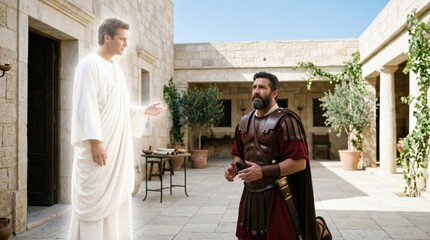 Obraz premium Angel appearing to Cornelius the centurion in a vision. Biblical scene from Acts of the Apostles. Man in Roman soldier armor kneeling before glowing heavenly messenger in ancient court.