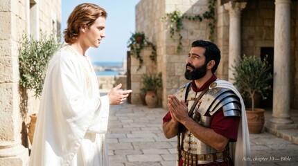 Obraz premium Angel visiting Cornelius the centurion. Bible miracle scene from Acts 10. Religious encounter between divine messenger and Roman soldier. Christian spiritual event in ancient courtyard.