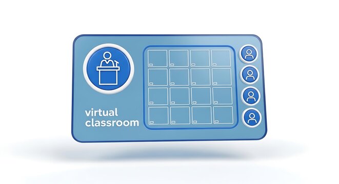 Blue virtual classroom with video conference screen and icons on laptop flat lay