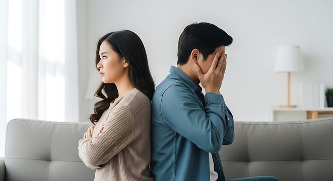 Asian Couple Sitting Back to Back During Serious Relationship Conflict