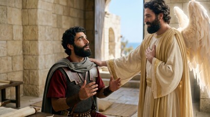 Obraz premium Cornelius the centurion meets an angel of God in a divine vision. Biblical scene from the Acts of the Apostles. Man in Roman military uniform talking to a heavenly spirit, religious story.