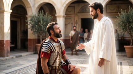Obraz premium Roman centurion kneeling before an angel in a white robe. Biblical scene based on the Acts of the Apostles showing a man in armor meeting a divine messenger for a holy vision.