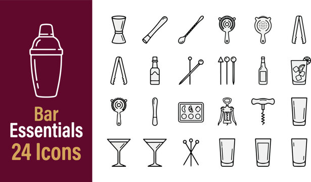 Bar essentials line icon set. Vector pictograms of cocktail shaker, jigger, muddler, spoon, strainer, tongs, bottle, picks, glass, corkscrew, martini glass. Thin linear barware illustration.