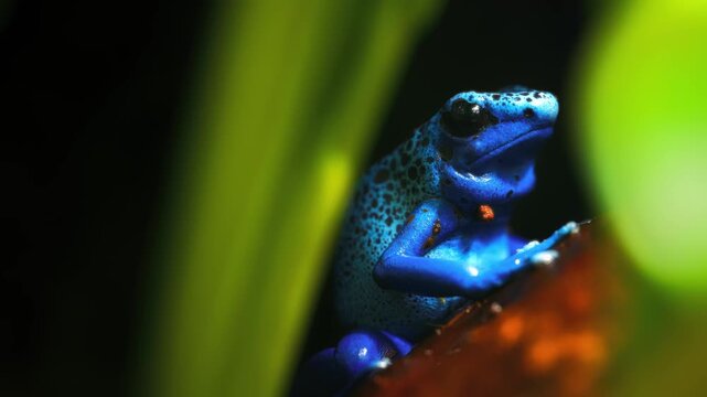 Extreme close up of a vibrant Blue Poison Dart Frog on a green leaf in the jungle