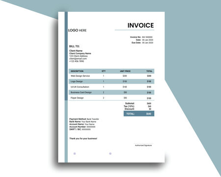 Elegant minimal invoice template clean corporate layout professional business billing document modern design concept style