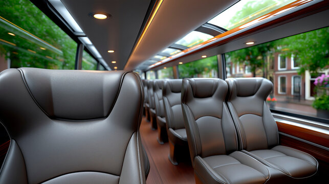 Modern luxury bus interior with leather seats and panoramic windows urban travel comfort concept