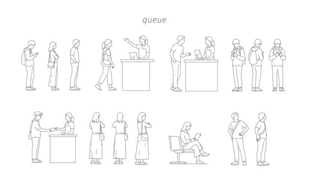 Minimal CAD customer service drawings set with people queueing, interacting at counter and using mobile devices, clean side view symbols in architectural line style for plans and layouts
